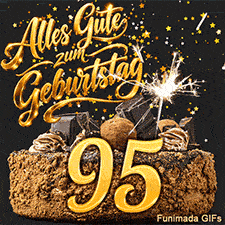 Eine große 95 in Gold steht vor einer Torte. Funken einer Wunderkerze und fallende Sterne umgeben den Schriftzug Alles Gute zum Geburtstag.