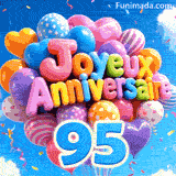 Le grand chiffre bleu 95 pend sous un groupe de ballons animés. Les ballons festifs épellent Joyeux Anniversaire devant un ciel bleu ensoleillé.