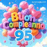 Il grande numero azzurro 95 pende sotto un gruppo di palloncini animati. I palloncini festosi compongono Buon Compleanno davanti a un cielo azzurro soleggiato.
