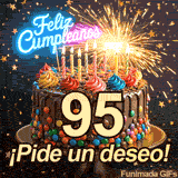 Pastel festivo con la cifra 95 destacada. Chispas brillantes y confeti estrellado decoran toda la animada escena junto al texto ¡Pide un deseo!.