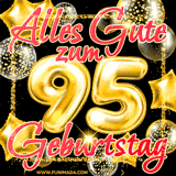 A vibrant greeting card featuring colorful balloons in the background with the large number '95' and the words 'Happy Birthday!' in glowing, bold text