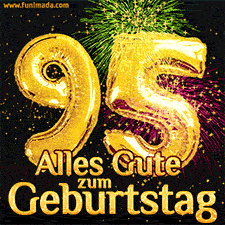 Große goldene Zahlen 95 auf schwarzem Hintergrund, die Worte 'Alles Gute zum Geburtstag' in goldener Schrift und ein spektakuläres Feuerwerk.