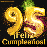 GIF animado con globos dorados en forma del número 95, acompañado de fuegos artificiales de colores y la frase '¡Feliz cumpleaños!' en letras vibrantes.
