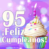 Animación de un cupcake con cobertura blanca, confites de colores, una vela encendida y el número 95 en grande sobre un fondo púrpura con luces brillantes.