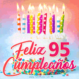 GIF animado con un pastel blanco decorado con confites y velas de colores encendidas, acompañado de la frase 'Feliz 95 cumpleaños' sobre un fondo alegre.