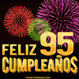 GIF animado con el número 95 en dorado, rodeado de fuegos artificiales rojos, verdes y morados, con el mensaje 'Feliz cumpleaños' en letras doradas.