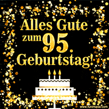 Dieses lebhafte Geburtstags-GIF zeigt eine Torte mit Kerzen, goldenem Konfetti und der Zahl 95.