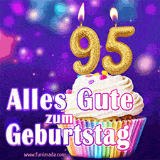 Ein glänzendes Geburtstags-GIF mit goldenen Kerzen mit der Zahl 95 auf einem weißen cremefarbenen Cupcake und dem Text 'Alles Gute zum Geburtstag'.