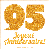 GIF animé joyeux anniversaire pour 95 ans avec un chiffre 95 brillant en or et le texte 'Joyeux Anniversaire!' en écriture élégante sur un fond blanc.