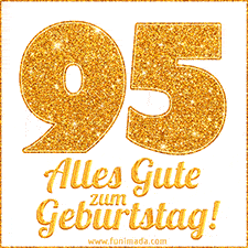 Glänzendes GIF mit einer goldenen Zahl 95 und den Worten 'Alles Gute zum Geburtstag' in eleganter handgeschriebener Schriftart.