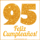 Imagen animada con el número 95 en diseño dorado brillante acompañado de la frase 'Feliz cumpleaños' sobre un fondo blanco simple y elegante.