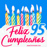 Animación de un pastel decorado con velas coloridas y encendidas, el número 95 destacado en azul y la frase 'Feliz cumpleaños' en letras estilizadas.