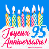 GIF animé joyeux anniversaire pour 95 ans avec des bougies colorées allumées, un fond bleu vif et le texte 'Joyeux Anniversaire 95!' en écriture élégante.