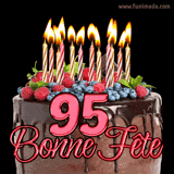 GIF animé pour un 95e anniversaire avec un somptueux gâteau au chocolat décoré de baies fraîches, des bougies allumées et le texte '95 Bonne Fête!' en rouge.