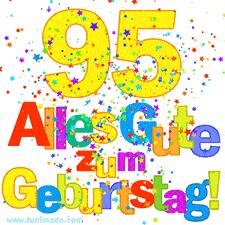 Geburtstags-GIF mit animierten bunten Sternen, der großen Zahl 95 und dem mehrfarbigen Text 'Alles Gute zum Geburtstag'.
