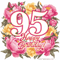 Animated 95th birthday GIF featuring a wreath of beautiful peonies, perfect for her special day