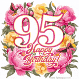 A celebratory GIF image features the animated number '95' and the words 'Happy Birthday!' surrounded by pink and yellow flowers. Two moving butterflies are included in this festive design.