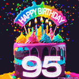 Chocolate cake with cyan layers, pink dressing and a big number 95 adorned with vibrant multicolored frosting, lit candles, and a rainbow topper with text that says 'Happy Birthday'. Animated colorful confetti move behind the cake.