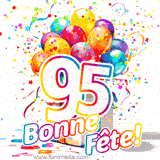 GIF pour un 95e anniversaire avec un grand chiffre 95, des ballons multicolores, des confettis et des rubans, accompagné du texte 'Bonne Fête!' sur un fond festif.