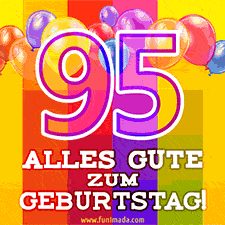 Große Zahl 35 in Umrissschrift, die Worte 'Alles Gute zum 95. Geburtstag', mehrfarbige animierte Ballons und lebendiger Hintergrund.