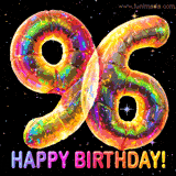 Shiny number 96 birthday celebration balloons with an iridescent glow and glitter on a black background with twinkling stars.