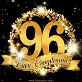 Il numero 96 è circondato da un anello dorato brillante, accompagnato da un nastro elegante con la scritta 'Buon Compleanno!' su uno sfondo scuro.