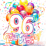 Animazione con palloncini colorati e scintillanti, accompagnata dal numero 96 in caratteri grandi e luminosi, e la scritta 'Tanti Auguri!' in stile vivace.