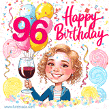 An animated birthday GIF featuring a smiling cartoon woman holding a glass of wine. Text reads 'Happy Birthday 96' surrounded by colorful balloons and confetti.