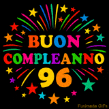 GIF animata 'Buon Compleanno 96' con lettere colorate e fuochi d'artificio