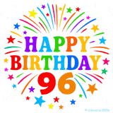 Festive 'Happy Birthday 96' animated GIF with rainbow-colored letters surrounded by fireworks and stars
