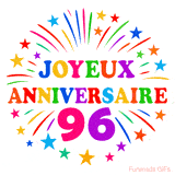 GIF animé joyeux anniversaire 96 ans avec étoiles multicolores et feu d’artifice