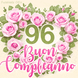 GIF per il 96° compleanno con un cuore di rose rosa e scritta elegante