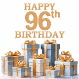 Festive animated eCard with elegant 'Happy 96th Birthday' text above a pile of luxurious blue, white, and gold gift boxes and presents.