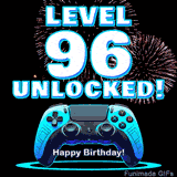 Animated GIF for a 96 birthday. The text 'Level 96 Unlocked!' and 'Happy Birthday!' are displayed over a blue video game controller with exploding fireworks in the background.
