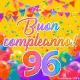 Un GIF animato per un 96° compleanno, Presenta il testo 'Buon Compleanno 96' su uno sfondo giallo vivo con palloncini colorati, festoni e una pioggia di coriandoli.