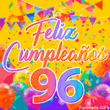 Un GIF animado para un 96º cumpleaños, Muestra el texto 'Feliz Cumpleaños 96' sobre un fondo amarillo vibrante con globos de colores, banderines y una lluvia de confeti.