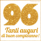 GIF animata per un 96° compleanno, Mostra il numero 96 in grandi caratteri dorati pieni di glitter scintillante, Sotto, la scritta 'Tanti auguri di buon compleanno!' in un elegante oro.