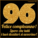 Un GIF animato per un 96° compleanno, Presenta il testo 'Buon Compleanno 96' su uno sfondo giallo vivo con palloncini colorati, festoni e una pioggia di coriandoli.