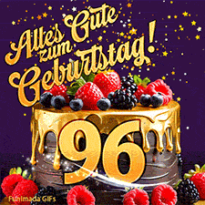 Eine köstlich aussehende animierte Geburtstagskarte für den 96. Geburtstag, dekoriert mit Erdbeeren, Blaubeeren und goldenen Details, Sterne funkeln und fallen, mit 'Alles Gute zum Geburtstag!'-Text.