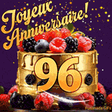 Une animation de célébration d'un gâteau de 96ème anniversaire, Des étoiles dorées tombent du ciel, mettant en valeur le texte 'Joyeux Anniversaire !' et le nombre doré 96 à l'avant du gâteau.