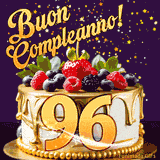 Un GIF animato di una bellissima torta per il 96° compleanno con glassa dorata e frutti di bosco freschi, Il numero dorato 96 è davanti, e stelle cadono su uno sfondo viola scuro.