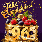 Una animación de celebración de una tarta para el 96º cumpleaños, Estrellas doradas caen del cielo, destacando el texto '¡Feliz Cumpleaños!' y el número dorado 96 en la tarta.