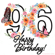 A floral 96th birthday animated greeting card. The number '96' is surrounded by animated flowers and butterflies, creating a beautiful and cheerful way to celebrate the milestone.