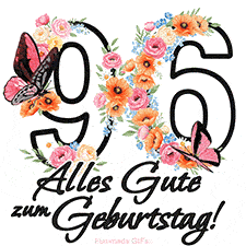 Ein florales GIF zum 96. Geburtstag. Die Zahl '96' ist von animierten Blumen und Schmetterlingen umgeben und bietet eine schöne und fröhliche Art, den Meilenstein zu feiern.
