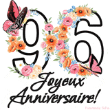 Ce GIF de Joyeux 96ème Anniversaire présente le nombre vingt rempli d'un bouquet vibrant de fleurs animées, avec des papillons qui bougent doucement sur un fond blanc.