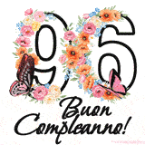 Questo GIF di Buon 96° Compleanno mostra il numero venti riempito con un vibrante bouquet di fiori animati, con farfalle che si muovono dolcemente su uno sfondo bianco.