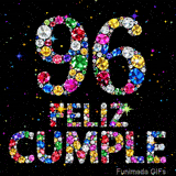 Texturas de joyas de colores brillantes dan forma al número 96 y las letras de FELIZ CUMPLE contra un oscuro fondo de cielo nocturno con estrellas.