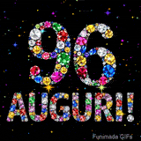 Immagine animata che mostra il numero 96 e Auguri in cristalli multicolori brillanti, circondati da piccole luci su uno sfondo scuro.