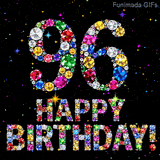 The digit 96 and Happy Birthday lettering created from glowing multicolored crystals, surrounded by tiny twinkling shining stars on a solid dark black backdrop.
