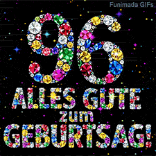 Die leuchtende Zahl 96 und der Schriftzug Alles Gute zum Geburtstag aus farbigen Juwelen vor einem schwarzen Hintergrund mit kleinen Sternchen.